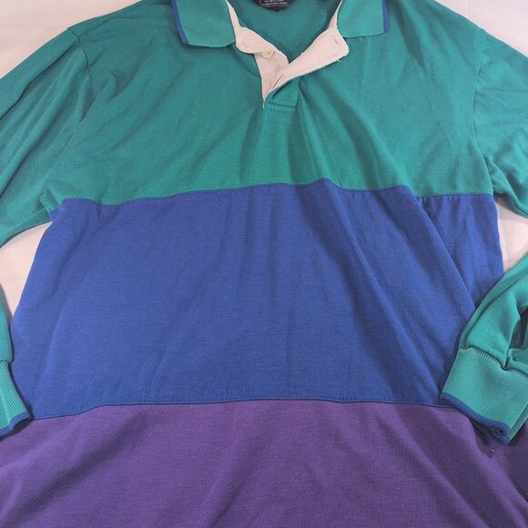 Sears Vintage 90s Green Blue Purple Striped Collared Long Sleeve Button M Medium - Picture 3 of 15